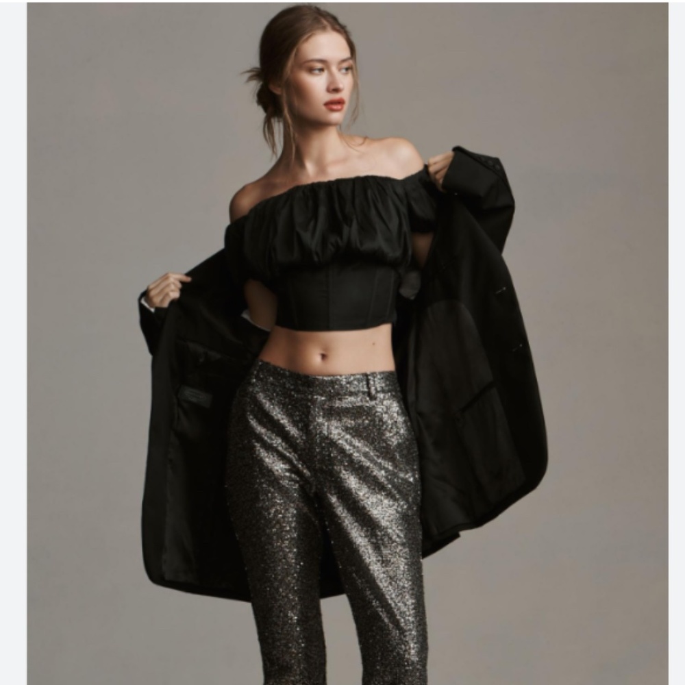 MAEVE PUFF-SLEEVE OFF-THE-SHOULDER CORSET TOP